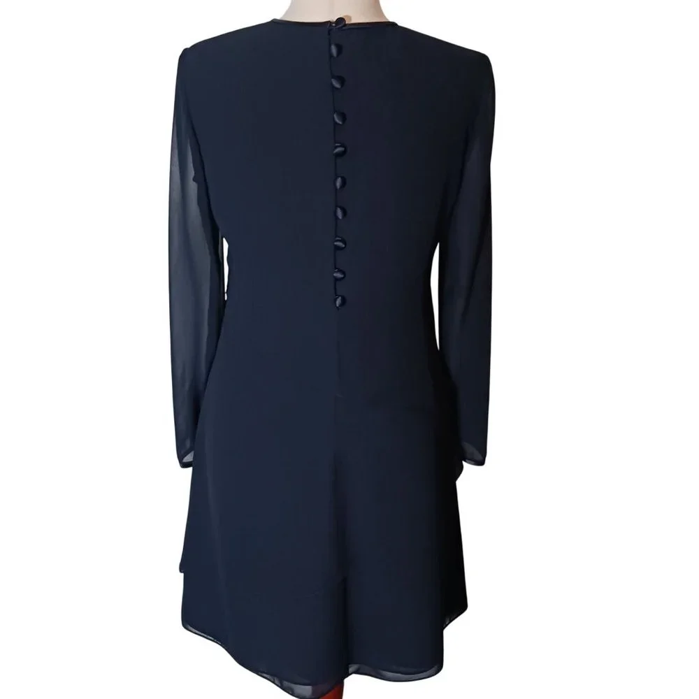 Jones New York Navy Blue Tiered Button Back Sheer‎ Sleeve Shift Dress Size 8
